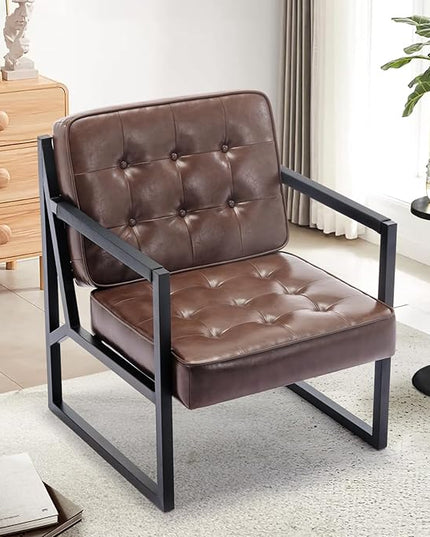 COLAMY Mid Century Modern Accent Chair, Comfy Living Room Chairs, Brown Leather Accent Chair, Faux Leather Reception Armchair with Metal Legs for Living Room Bedroom Reception Waiting Room, Brown - LeafyLoom