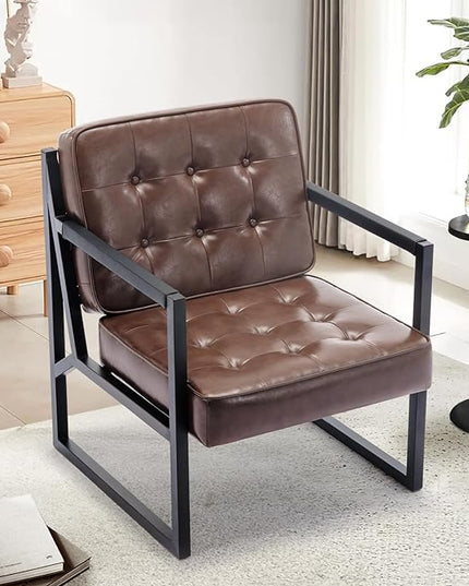 COLAMY Mid Century Modern Accent Chair Set of 2, Comfy Living Room Chair, Brown Leather Accent Chair, Faux Leather Reception Armchair with Metal Legs for Living Room Bedroom Reception Office, Brown - LeafyLoom