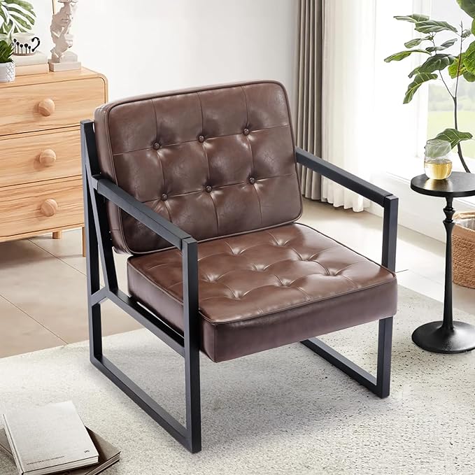 COLAMY Mid Century Modern Accent Chair Set of 2, Comfy Living Room Chair, Brown Leather Accent Chair, Faux Leather Reception Armchair with Metal Legs for Living Room Bedroom Reception Office, Brown - LeafyLoom
