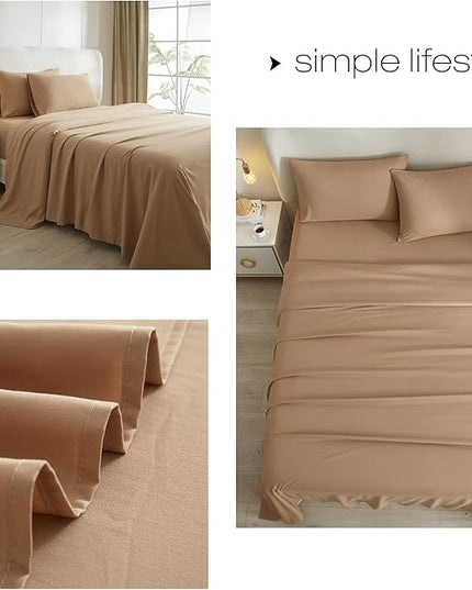 Camel Beige Sheets King 4 Piece Bed Sheets,16 Inch Deep Pocket,Luxury Soft King Sheet & Pillowcase Set,Easy Fit Fitted Sheets King,Wrinkle & Shrink Resistant Cooling Sheets for King Size Bed - LeafyLoom