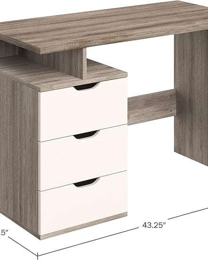 Lavish Home Contemporary Desk with Attached 3-Drawer File Cabinet for Home Office, Bedroom, Computer, or Craft Table, 43-Inch Long, White and Natural - LeafyLoom