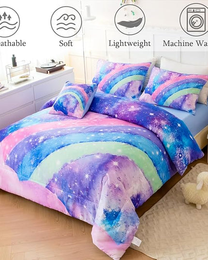 Tie Dye Blue Teens Comforter Set Queen for Girls, 3D Rainbow Gradient Glitter Bed in A Bag, 6 Pieces Twinkle Nebula Comforter Kids Bedding Set for All Season - LeafyLoom