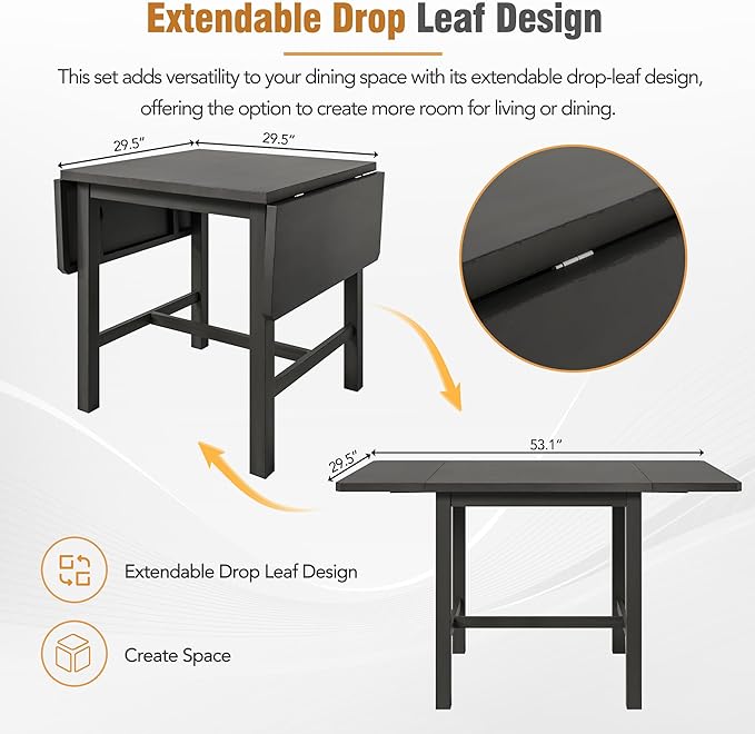 Modern Style Square Drop Leaf Extendable 4 Ladder Back Chairs and 1, Rubber Wood, Easy Assembly&Maintenance, Room Kitchen, 5 Piece Dining Table Set, Gray 13 - LeafyLoom
