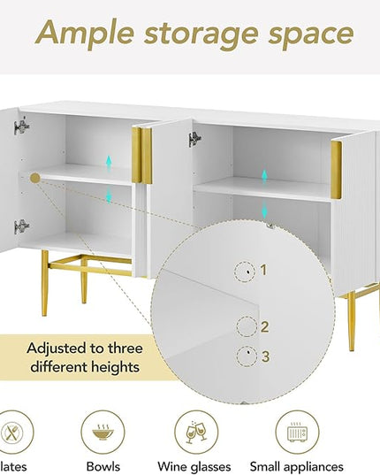 60" Modern 4-Door Elegant Sideboard with Gold Metal Handles and Legs,Storage Buffet Cabinet,W/Adjustable Shelves & Open Countertop,Console Table for Dining Living Room Hallway,White - LeafyLoom