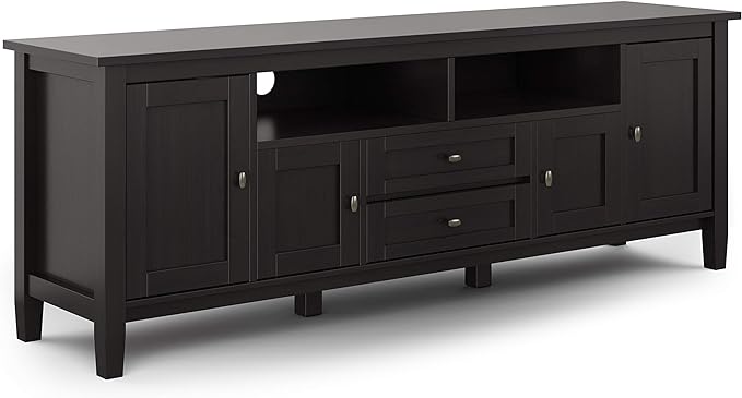 SIMPLIHOME Warm Shaker SOLID WOOD 72 Inch Wide Universal TV Media Stand Transitional with Storage, For Flat Screen TVs up to 80 Inches in Hickory Brown, For the Living Room Entertainment Center - LeafyLoom