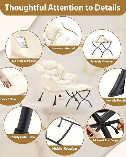 Lazy Chair with Folding Ottoman, Accent Chair Velvet Upholstered with Metal Structure and Non-Slip Pads, Sofa Armchair with Footrest and Side Storage Bag for Dorm, Room, Office, Beige - LeafyLoom