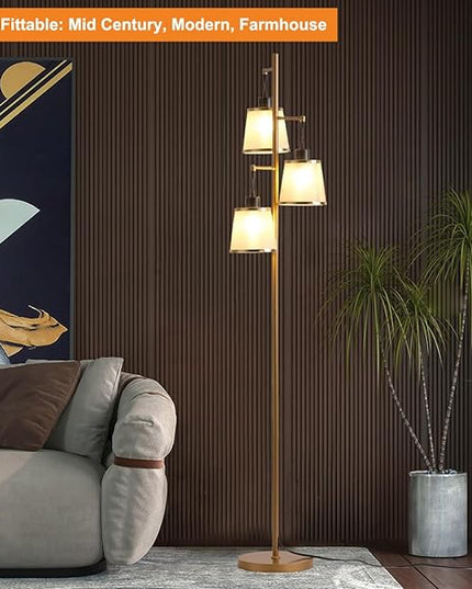 3 Lights Gold Floor Lamp, Mid Modern Standing Lamp Farmhouse with LED Bulbs & Elegant Lampshade, Tree Tall Lamp for Living Room, Bedroom, Office - Antique Brass - LeafyLoom