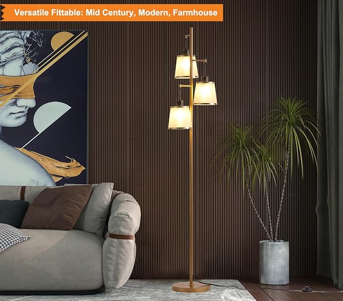 3 Lights Gold Floor Lamp, Mid Modern Standing Lamp Farmhouse with LED Bulbs & Elegant Lampshade, Tree Tall Lamp for Living Room, Bedroom, Office - Antique Brass - LeafyLoom