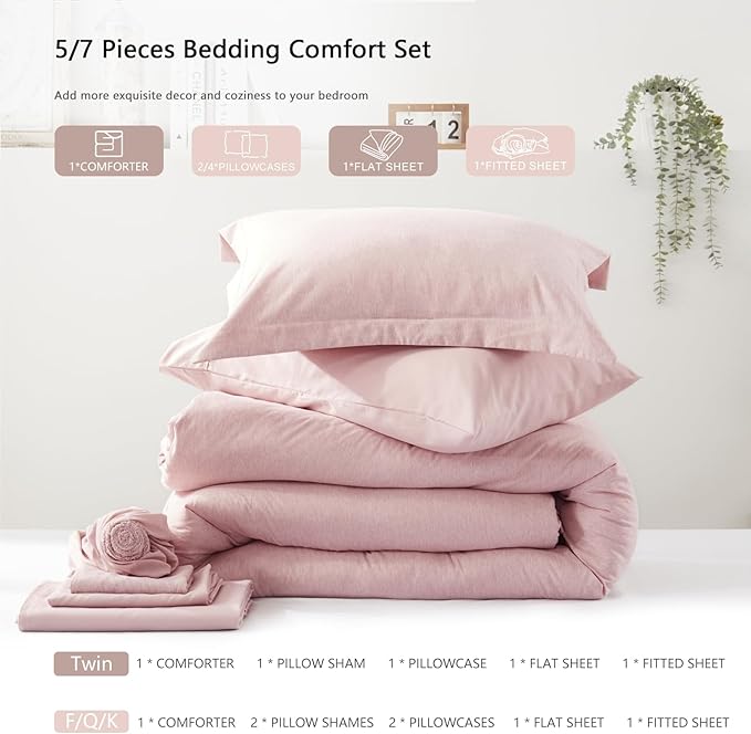 UNILIBRA King Comforter Set 7 Pieces Bed in a Bag - Pink King Soft Bedding Set for All Seasons - Cationic Dyeing Bed Comforter Sets with Comforter, Flat Sheet, Fitted Sheet, Pillowcases & Shams - LeafyLoom