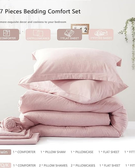 UNILIBRA Full Comforter Set 7 Pieces - Pink Bed in a Bag Full Size Soft for All Seasons - Cationic Dyeing Bedding Comforter Sets with Comforter, Flat Sheet, Fitted Sheet, Pillowcases & Shams - LeafyLoom