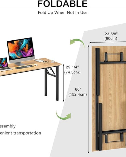 SDHYL Folding Desk, 60inch No Assembly Folding Desks for Small Spaces Sturdy Computer Desk, Functional Home Office Desks, Study Writing Desk Office Table Workstation for Home Office, Oak - LeafyLoom