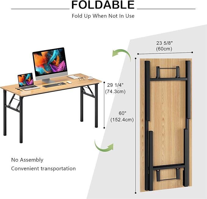 SDHYL Folding Desk, 60inch No Assembly Folding Desks for Small Spaces Sturdy Computer Desk, Functional Home Office Desks, Study Writing Desk Office Table Workstation for Home Office, Oak - LeafyLoom