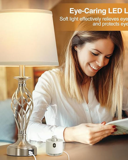 Table Lamp for Bedroom Set of 2 with USB C+A Ports, Modern Bedside Lamps with Spiral Cage Base, White Fabric Shade, Nightstand Lamp for Living Room Reading Bed Side End Table, 2 LED Bulbs Included - LeafyLoom