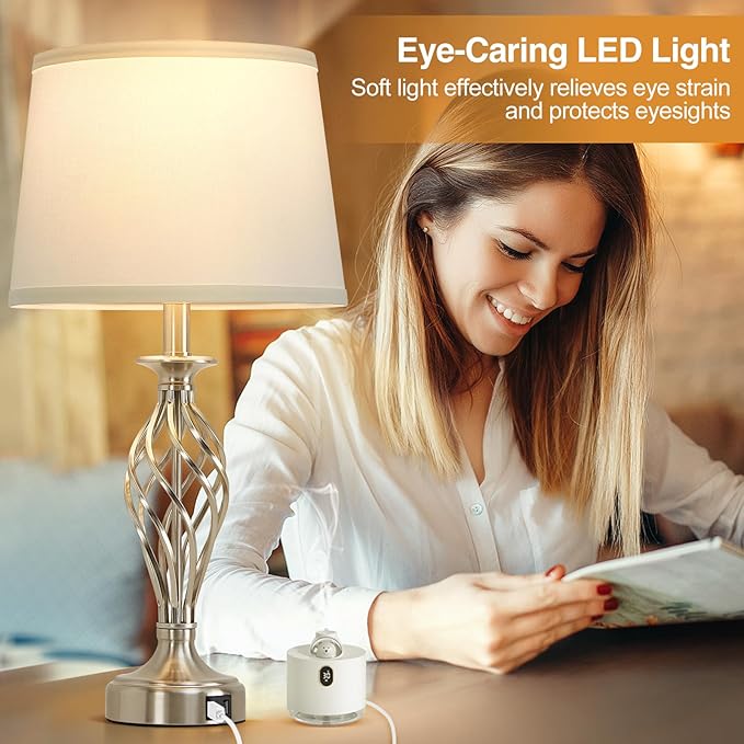 Table Lamp for Bedroom Set of 2 with USB C+A Ports, Modern Bedside Lamps with Spiral Cage Base, White Fabric Shade, Nightstand Lamp for Living Room Reading Bed Side End Table, 2 LED Bulbs Included - LeafyLoom