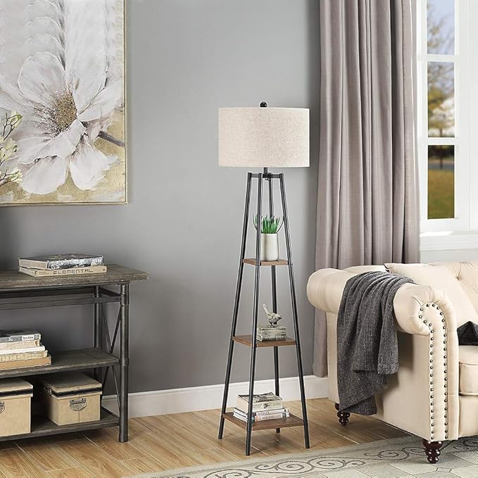 Floor Lamp, Standing Reading Light with Shelves and Fabric Shade, Modern Tall Pole Lamp, Accent Furniture Décor Lighting for Living Room, Bedrooms - LeafyLoom