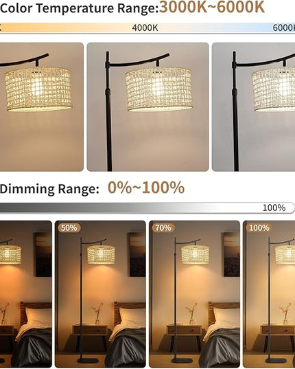 Arc Boho Farmhouse Black Floor Lamp, Standing Lamp with Rattan & Fabric Double Shade with Remote Control, Dimmable LED Bulb with 7 Color Temperature, Tall Pole for Living Room Bedroom Corner Office - LeafyLoom