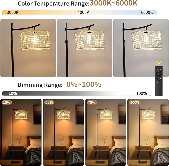 Arc Boho Farmhouse Black Floor Lamp, Standing Lamp with Rattan & Fabric Double Shade with Remote Control, Dimmable LED Bulb with 7 Color Temperature, Tall Pole for Living Room Bedroom Corner Office - LeafyLoom