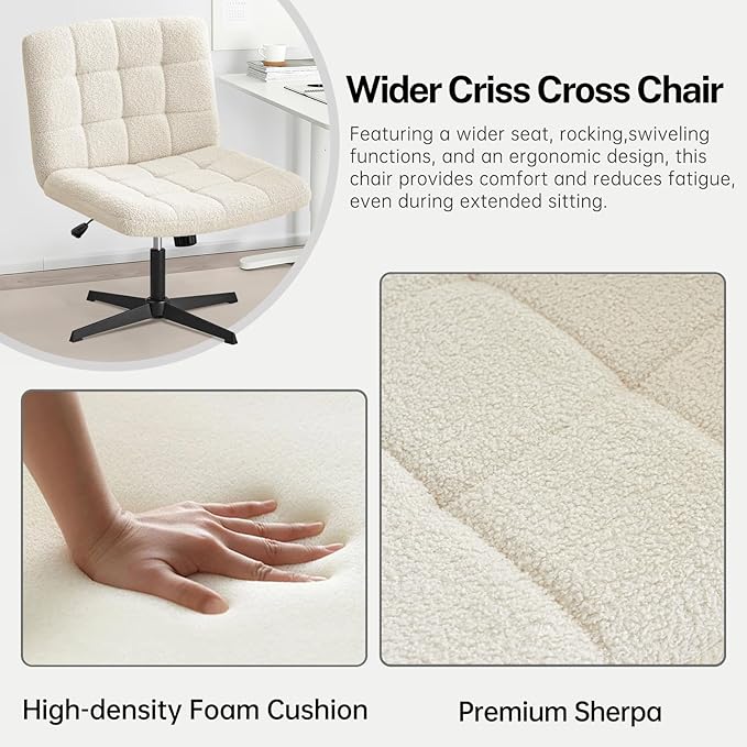 Furniliving Home Office Desk Chair No Wheels, Criss Cross Legged Wide Chair Armless Height Adjustable Chair with Mid Back Swivel Accent Vanity Chairs, Sherpa-IvoryWhite - LeafyLoom