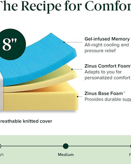 Zinus 8 Inch Green Tea Cooling Memory Foam Mattress [New Version], Full, Fiberglass Free, Medium Firmness, Cooling Gel Foam, Certified Safe Foams & Fabric, Mattress in A Box - LeafyLoom