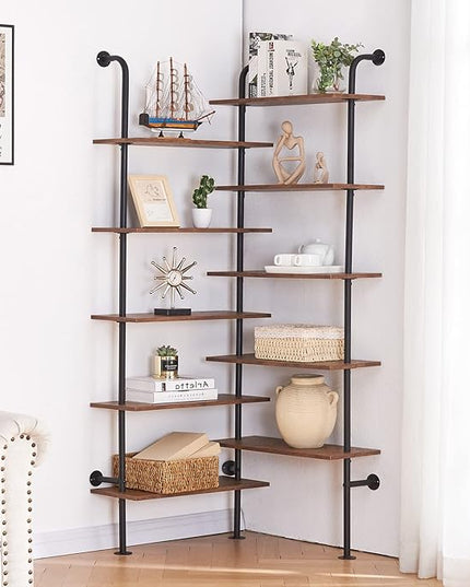 HOMBAZAAR Bookshelf,10-Tier L Shaped, Industrial Double Wide Wall Mount, Modern Bookcase with Metal Frame and Wood, Industrial Corner Pipe Shelf for Living Room and Office, Brown - LeafyLoom