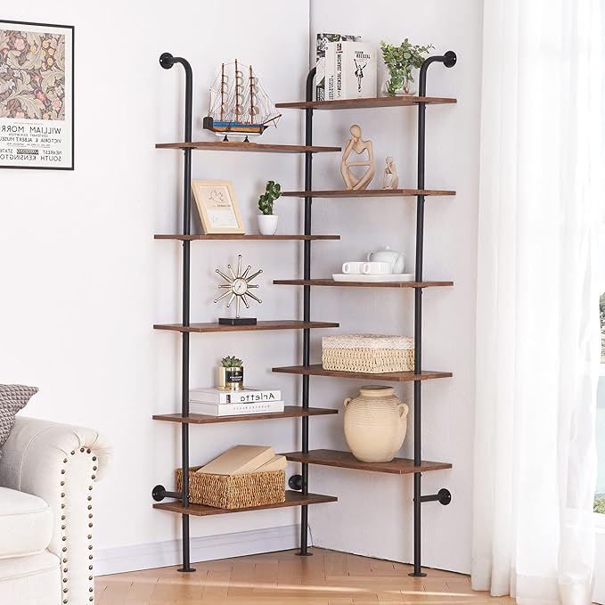 HOMBAZAAR Bookshelf,10-Tier L Shaped, Industrial Double Wide Wall Mount, Modern Bookcase with Metal Frame and Wood, Industrial Corner Pipe Shelf for Living Room and Office, Brown - LeafyLoom