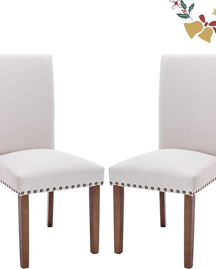 Parsons Dining Chairs Set of 2, Upholstered Nailhead Dining Room Kitchen Side Chair with Thick Cushions and Wood Legs, Beige - LeafyLoom