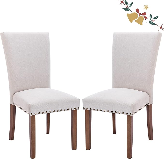 Parsons Dining Chairs Set of 2, Upholstered Nailhead Dining Room Kitchen Side Chair with Thick Cushions and Wood Legs, Beige - LeafyLoom