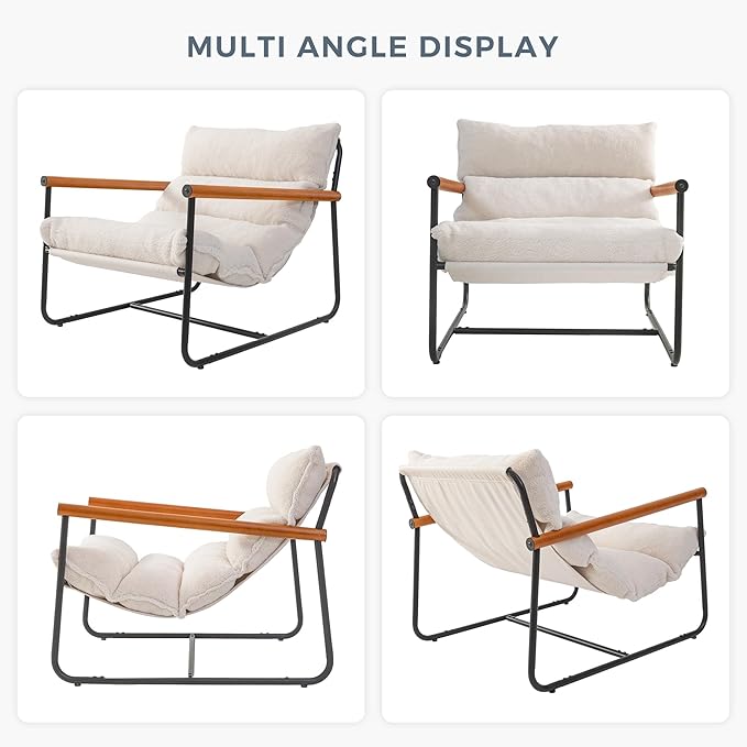 MAXYOYO Sherpa Accent Chair, Boucle Arm Chair Living Room Chair, Reading Accent Chair, Mid Century Modern Bedroom Chair,Teddy Armchair Wooden Arms Metal Frame - LeafyLoom