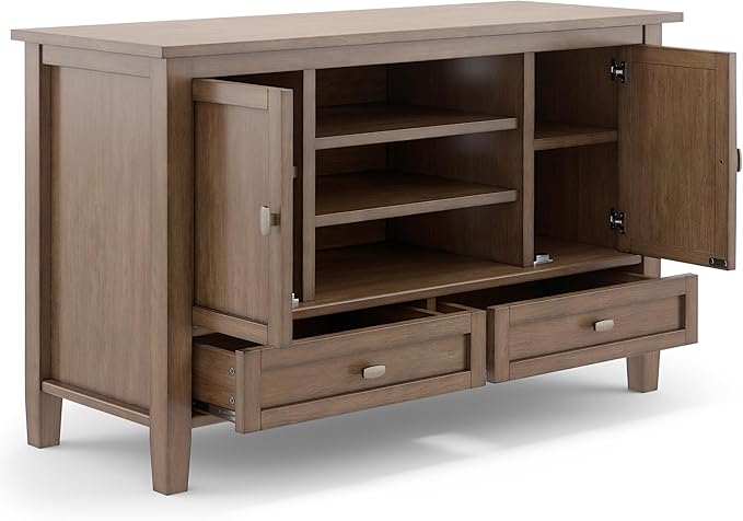 SIMPLIHOME Warm Shaker SOLID WOOD 47 Inch Wide Transitional TV Media Stand in Rustic Natural Aged Brown For TVs up to 50 Inches, For The Living Room and Entertainment Center - LeafyLoom