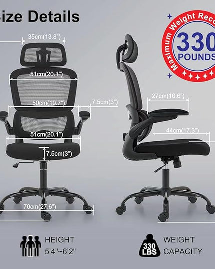 Office Chair Ergonomic Desk Chair, 330 LBS Home Mesh Office Desk Chairs with Wheels, Comfortable Gaming Chair, High Back Office Chair for Long Hours, Office Chair for Study and Work (Black) - LeafyLoom