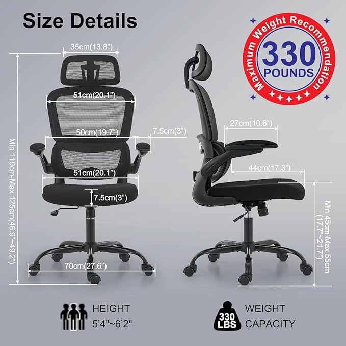 Office Chair Ergonomic Desk Chair, 330 LBS Home Mesh Office Desk Chairs with Wheels, Comfortable Gaming Chair, High Back Office Chair for Long Hours, Office Chair for Study and Work (Black) - LeafyLoom