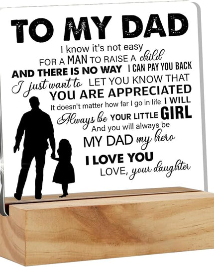 Father Gift Dad Gifts From Daughter, to My Dad My Hero Quote Desk Decor Acrylic Desk Plaque Sign with Wood Stand Home Office Desk Sign Keepsake Present - LeafyLoom