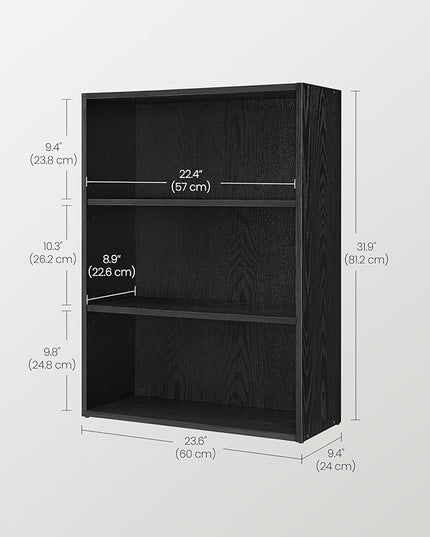 VASAGLE Bookshelf, 23.6 Inches Wide, 3-Tier Open Bookcase with Adjustable Storage Shelves, Floor Standing Unit, Ebony Black ULBC163T56 - LeafyLoom