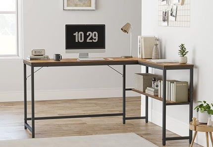 BANTI L Shaped Desk, 55.1 inch Corner Computer Desk with Storage Shelves, Study Writing Table Workstation with Open Shelves for Home Office, Brown - LeafyLoom