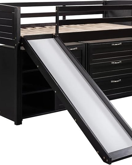 Twin Size Loft Bed with Slide and Storage Cabinets, Low Loft Bed Frame with Shelves for Kids and Teens, Wooden Loft Beds for Bedroom Guestroom, No Box Spring Needed, Espresso - LeafyLoom