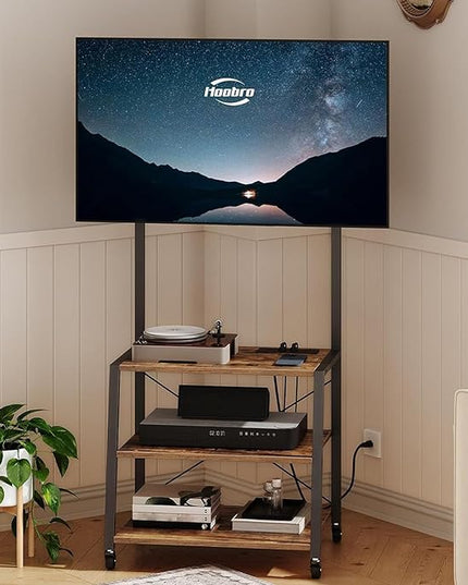 HOOBRO Rolling TV Stand with Mount and Power Outlet Up to 55 inch TV, Corner Entertainment Center, Small TV Stand with 3-Tier Storage Shelves for Living Room, Bedroom, Rustic Brown and Black BF66UDS01 - LeafyLoom