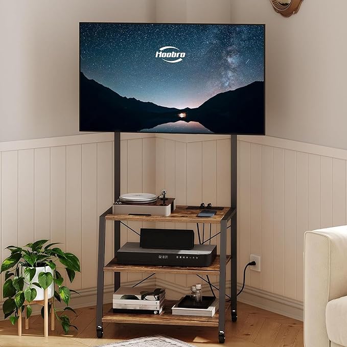 HOOBRO Rolling TV Stand with Mount and Power Outlet Up to 55 inch TV, Corner Entertainment Center, Small TV Stand with 3-Tier Storage Shelves for Living Room, Bedroom, Rustic Brown and Black BF66UDS01 - LeafyLoom