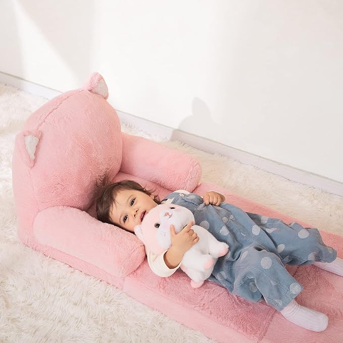 Toddler Chair Comfy, Kids Couch Fold Out, Soft Baby Chairs,kids lounge chair for Play,Gift for 0-3 Years,Pink Kitty - LeafyLoom