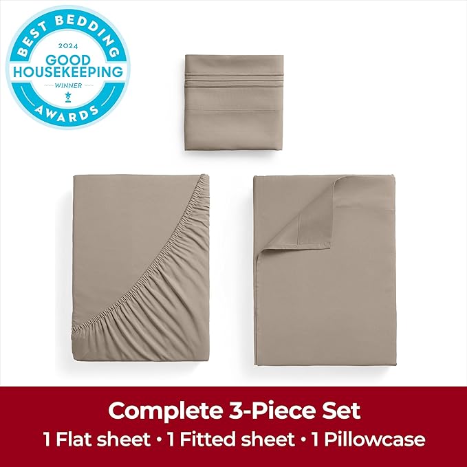 Mellanni Twin Sheets Set - 3 PC Iconic Collection Bedding Sheets & Pillowcases - Hotel Luxury, Extra Soft, Cooling Bed Sheets - Deep Pocket up to 16 inch (Twin, Tan) - LeafyLoom
