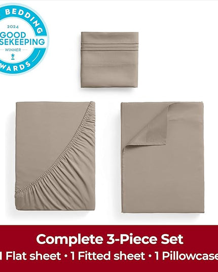 Mellanni Extra Deep Twin Sheets - 3 PC Iconic Collection Bedding Sheets & Pillowcases - Hotel Luxury, Ultra Soft, Cooling Bed Sheets - Extra Deep Pocket up to 21 inch (Twin, Tan) - LeafyLoom
