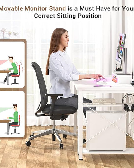 armocity Computer Desk with LED Lights, Gaming Desk with Power Outlet and USB, 40 Reversible Laptop Table with Moveable Monitor Stand, Small Desk for Small Spaces, Office, Gaming Room, White - LeafyLoom