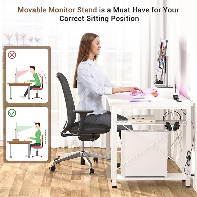 armocity Computer Desk with LED Lights, Gaming Desk with Power Outlet and USB, 40 Reversible Laptop Table with Moveable Monitor Stand, Small Desk for Small Spaces, Office, Gaming Room, White - LeafyLoom