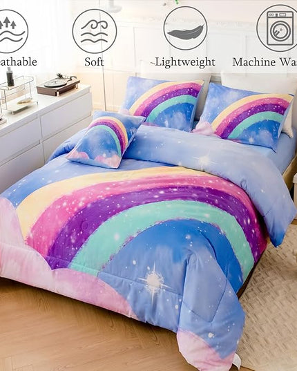 Sky Blue Teen Rainbow Comforter Set Queen Size for Girls, 6 Pieces Galaxy Gradient Bed in A Bag, 3D Galaxy Kids Bedding Comforter Sets with Comforter, Sheets and Pillowcases - LeafyLoom