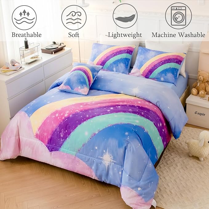 Sky Blue Teen Rainbow Comforter Set Queen Size for Girls, 6 Pieces Galaxy Gradient Bed in A Bag, 3D Galaxy Kids Bedding Comforter Sets with Comforter, Sheets and Pillowcases - LeafyLoom
