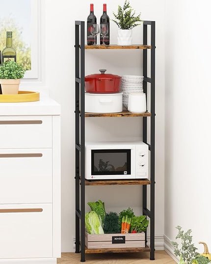 4 Tier Bookshelf, Small Book Shelf Industrial Bookcase, Metal Narrow Book Case Book Storage Organizer,Bookshelves for Bedroom Office Living Room(4 Tier,Rustic Brown) - LeafyLoom