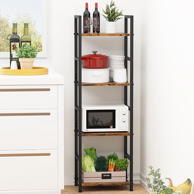 4 Tier Bookshelf, Small Book Shelf Industrial Bookcase, Metal Narrow Book Case Book Storage Organizer,Bookshelves for Bedroom Office Living Room(4 Tier,Rustic Brown) - LeafyLoom