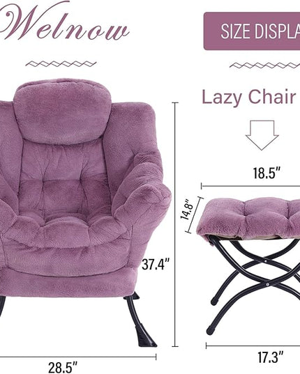 Welnow Lazy Chair with Ottoman, Modern Lounge Accent Chair with Armrests and a Side Pocket, Leisure Sofa Chair Set, Reading Chair with Footrest for Small Space, Corner Chair, Plush Purple - LeafyLoom