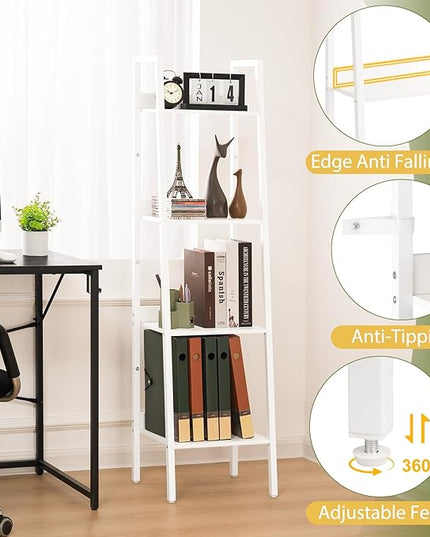 Yoobure Ladder Shelf, 4 Tier Tall Ladder Bookshelf Corner Shelf, Industrial Book Shelf Ladder Bookcase Narrow, Standing Storage Shelves Display Shelf for Bedroom Living Room Office Kitchen Bathroom - LeafyLoom