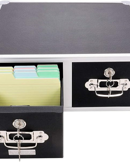 Vaultz® Locking Index Card Cabinet for 4" x 6" Cards, 2-Drawer, 6 3/4" H x 14" W x 16" D, Black - LeafyLoom