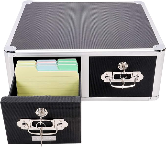 Vaultz® Locking Index Card Cabinet for 4" x 6" Cards, 2-Drawer, 6 3/4" H x 14" W x 16" D, Black - LeafyLoom